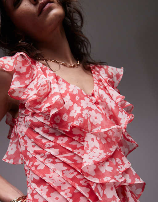 Topshop ruffle pintuck mini dress in pink floral, 4 of 4