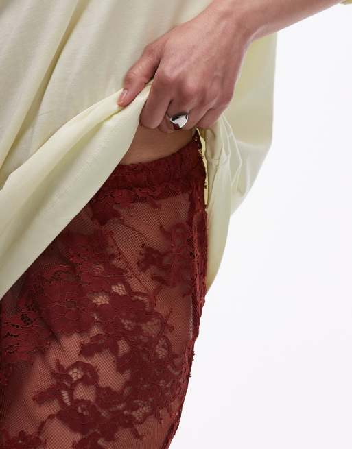 Topshop ruffle seam sheer lace maxi skirt in brown