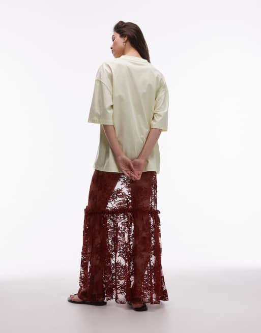 Topshop ruffle seam sheer lace maxi skirt in brown