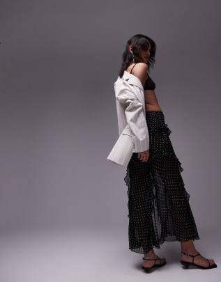 Topshop ruffle sheer maxi skirt in mono spot print