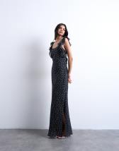 Topshop ruffle shoulder amalfi slip dress in black based spot