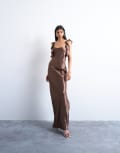 [Topshop] Topshop ruffle shoulder satin slip dress in chocolate-Brown 14 Chocolate