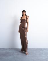 Topshop ruffle shoulder satin slip dress in chocolate