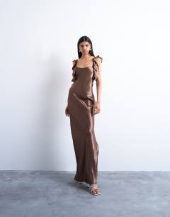 Ruffle shoulder satin slip dress in chocolate