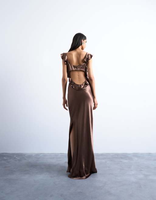 Topshop ruffle shoulder satin slip dress in chocolate