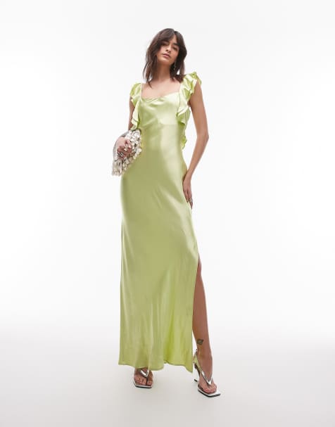 Topshop ruffle shoulder satin slip dress in deep lime - view 1