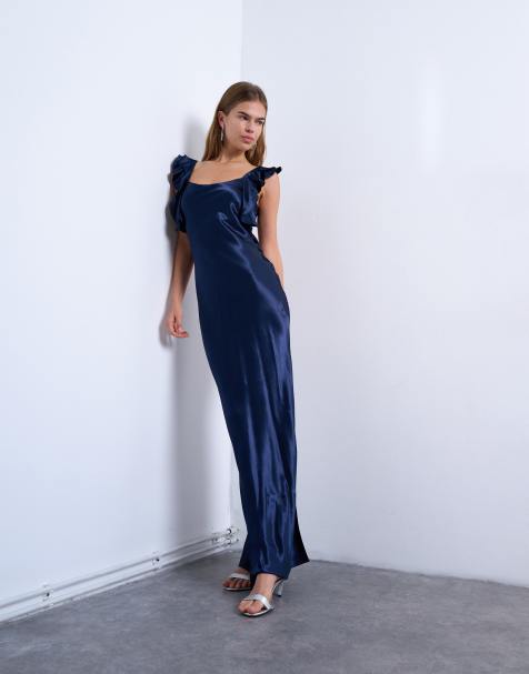 Topshop ruffle shoulder satin slip dress in navy