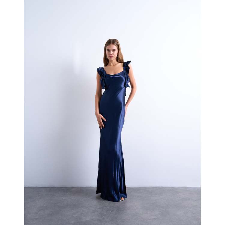 topshop blue satin slip dress Topshop ruffle shoulders satin slip dress in navy