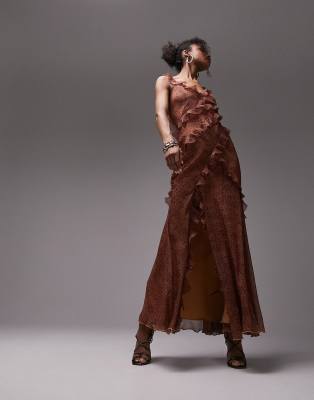 ruffle sleeve maxi occasion dress with raw seams in animal print-Brown