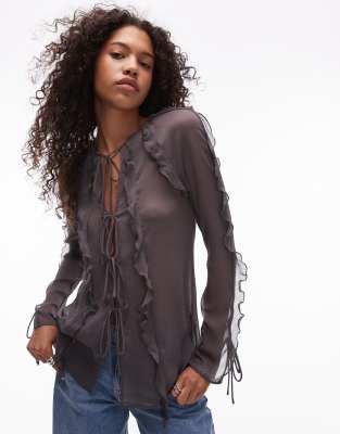 ruffle sleeve sheer tie front top in gray