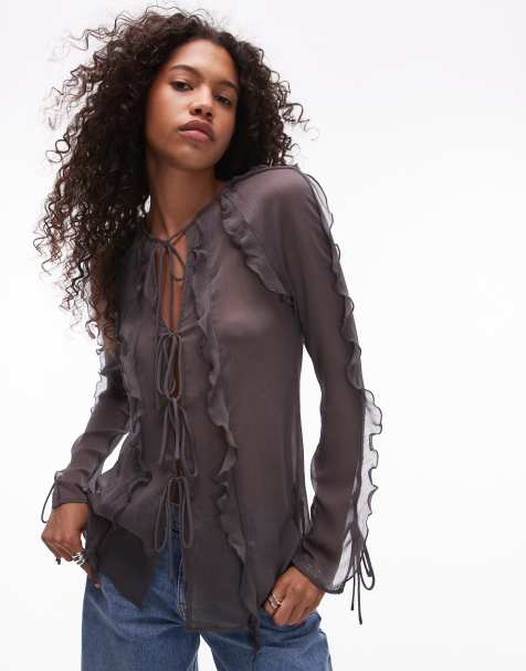 Topshop ruffle sleeve sheer tie front top in gray - view 1