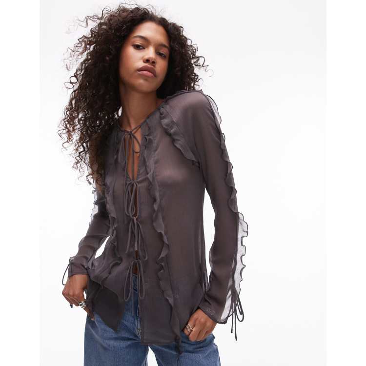 Topshop ruffle sleeve sheer tie front top in grey | ASOS
