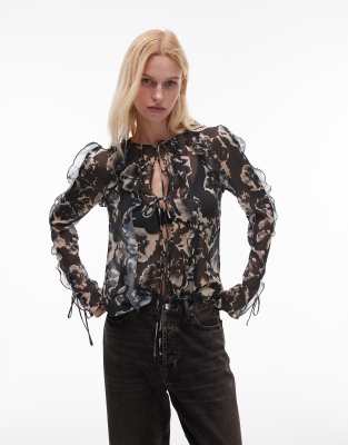 ruffle sleeve sheer tie front top in mono floral print-Multi