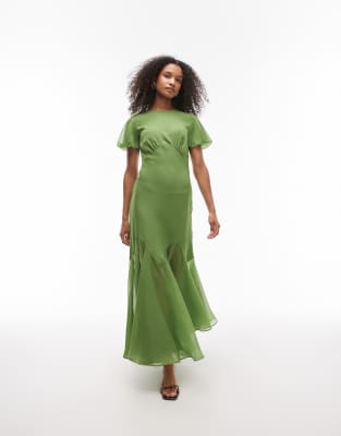 ruffle sleeve volume hem maxi dress in olive-Green