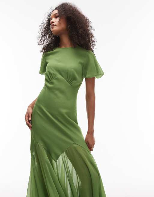 Topshop ruffle sleeve volume hem maxi dress in olive | ASOS