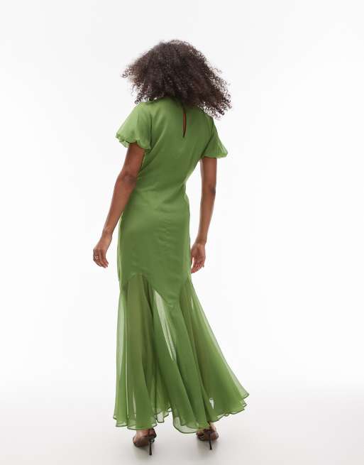 Topshop ruffle sleeve volume hem maxi dress in olive | ASOS