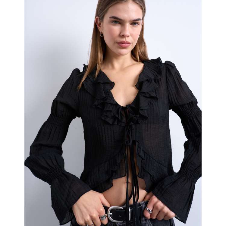 Topshop ruffle tie front long sleeve top in black | ASOS