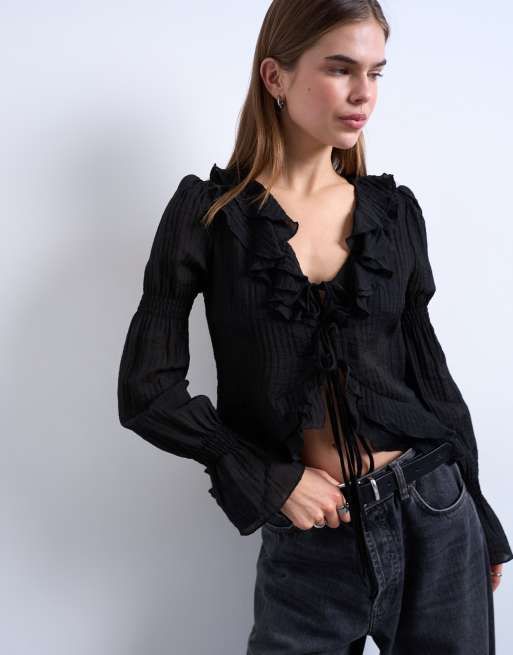 Topshop ruffle tie front long sleeve top in black, 4 of 4