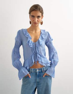 Topshop Ruffle Tie Front Long Sleeve Top In Blue