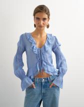Topshop ruffle tie front long sleeve top in pale blue