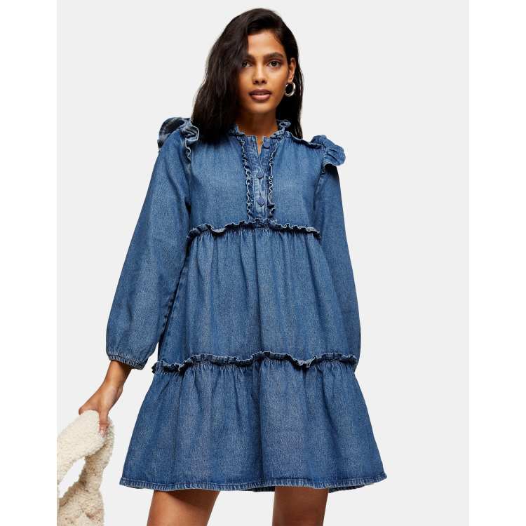 Topshop ruffle tiered denim mini dress in mid wash blue | ASOS