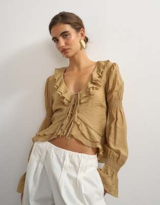 Topshop Ruffle Trim Tie Front Long Sleeve Top In Green