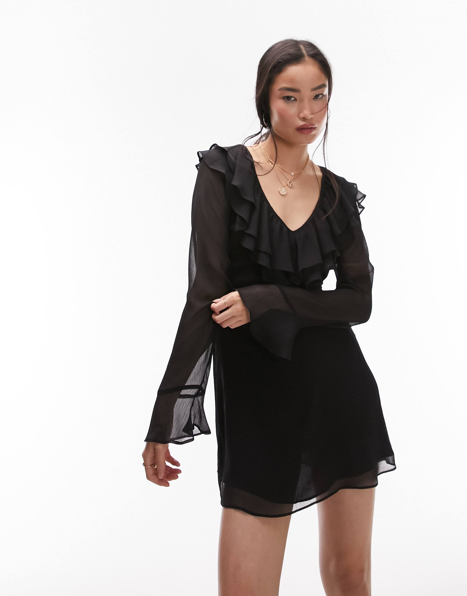 topshop ruffle v-neck mini tea dress in black