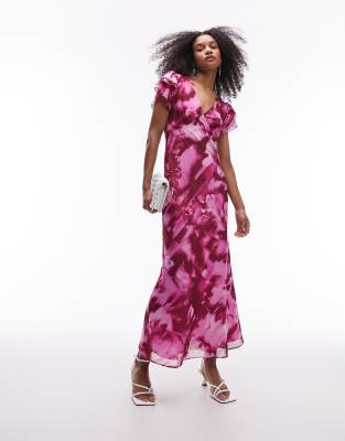 Topshop ruffle v neck occasion midi dress in pink floral print