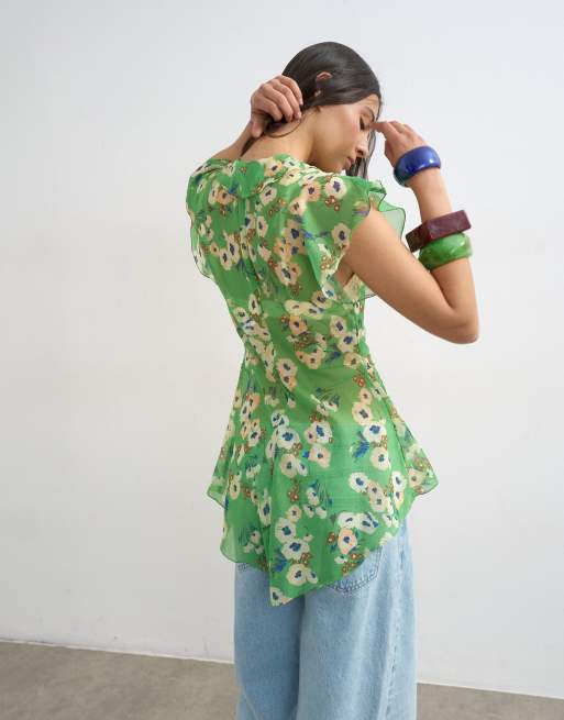 Topshop ruffle v neck top in green floral print, 3 of 4