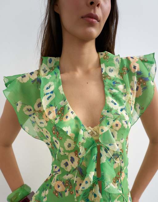 Topshop ruffle v neck top in green floral print, 4 of 4