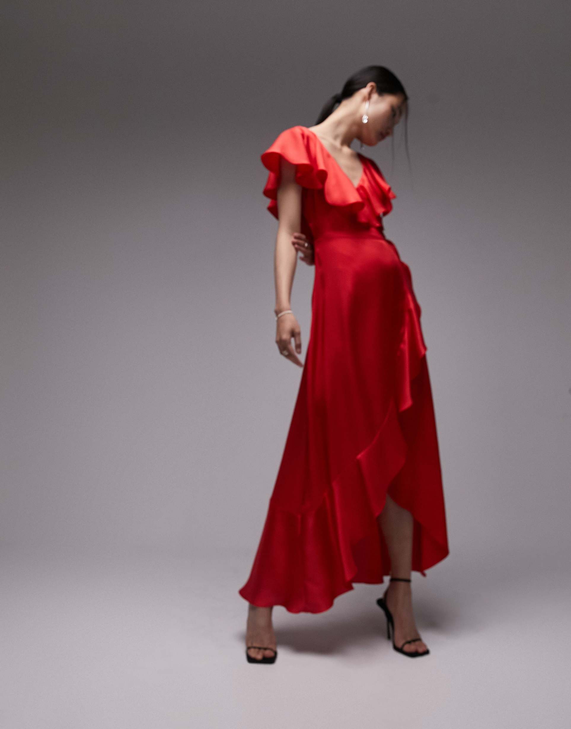 topshop ruffle wrap midi dress in dark red
