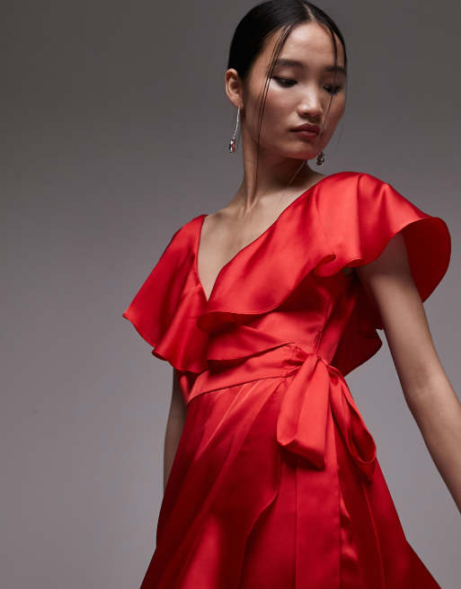 Red ruffle best sale wrap dress