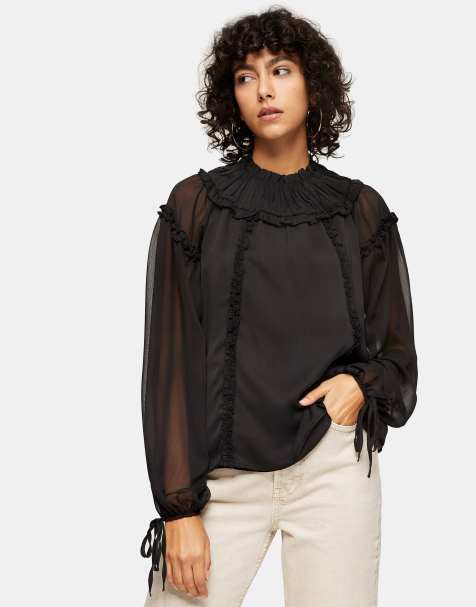 Topshop ruffle yoke blouse in black - view 1