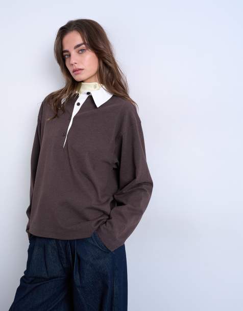 Topshop rugby long sleeve polo top in chocolate - view 1