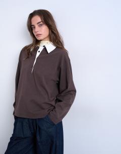 Rugby long sleeve polo top in chocolate