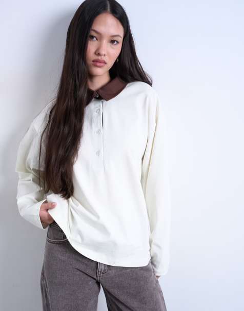 Topshop rugby long sleeve polo top in ecru - view 1