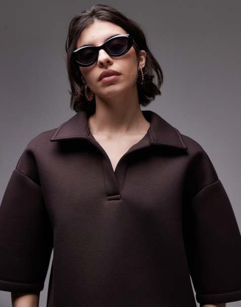 Topshop - Rugbyshirt met korte mouwen van scuba-achtige stof in bruin - view 1