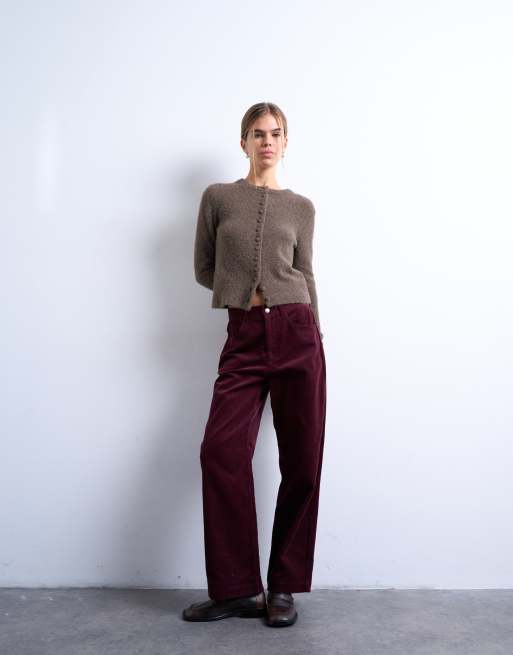 Topshop - Ruimvallende corduroy broek met lage taille in bordeauxrood