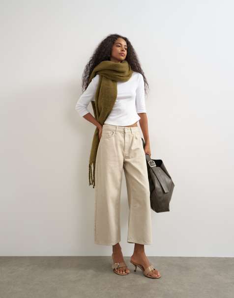 Topshop - Ruimvallende cropped jeans met halfhoge taille in lichtbeige - view 1