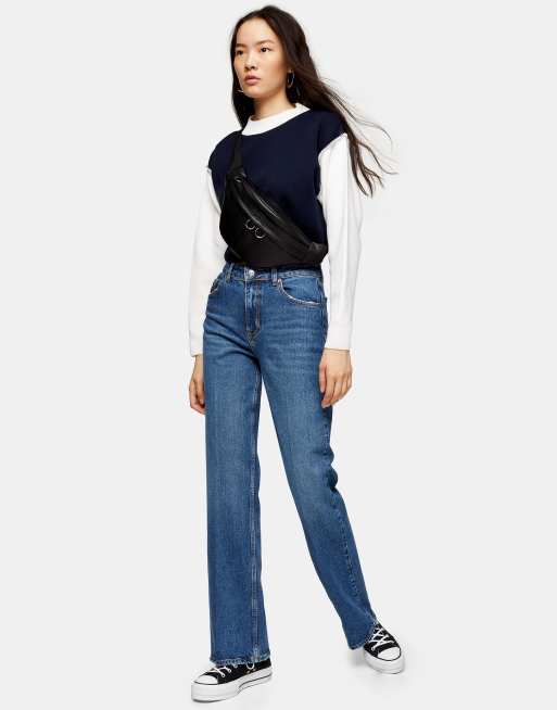 Topshop - Ruimvallende flared jeans met halfhoge taille in middenblauw, 4 van 4