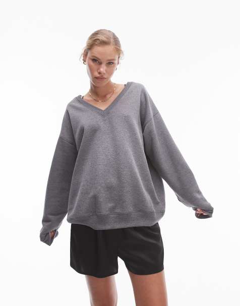 Topshop - Ruimvallende sweater met V-hals in gemêleerd grijs - view 1