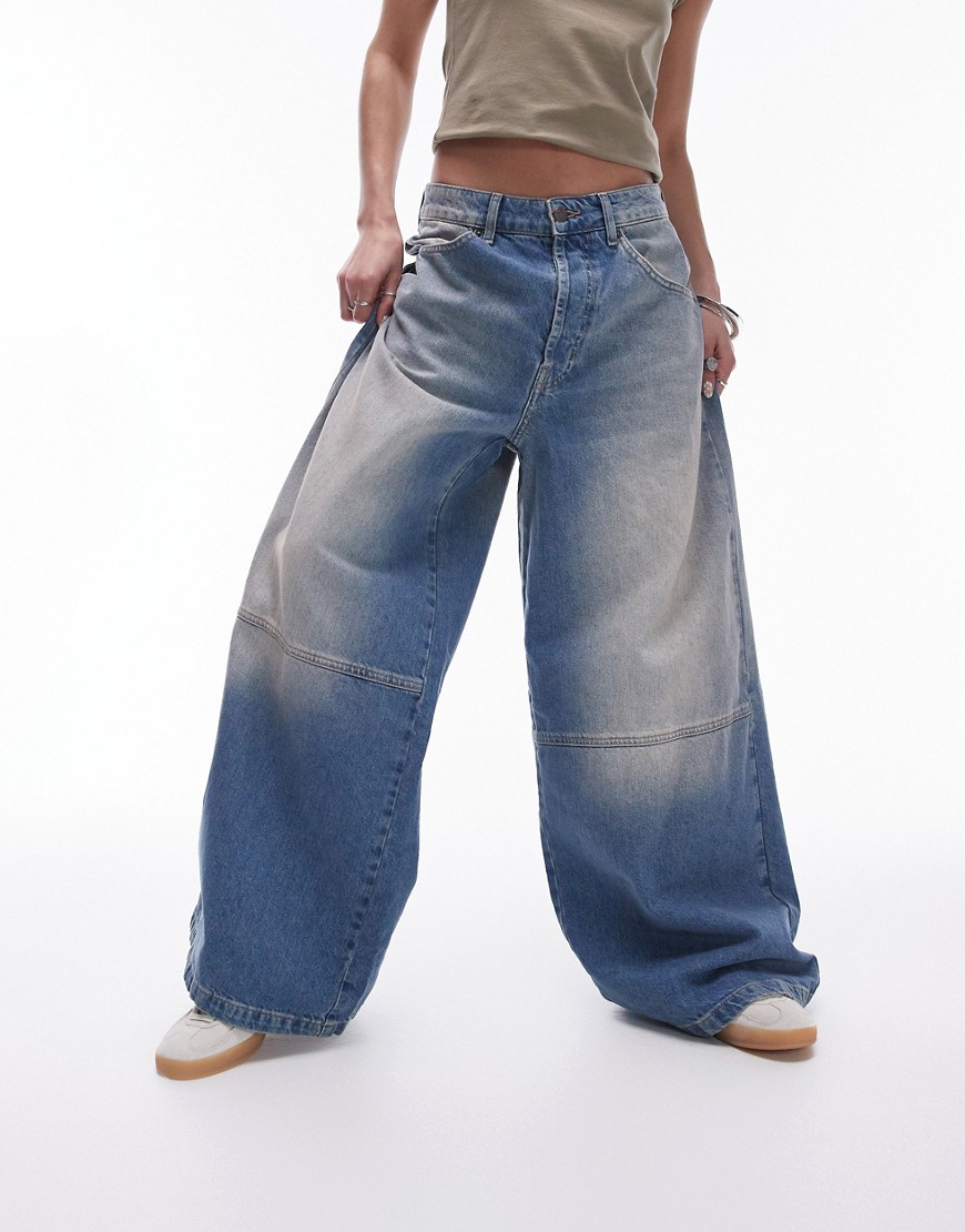 Topshop Ruined Cargo Wide Leg Jeans In Mid Blue