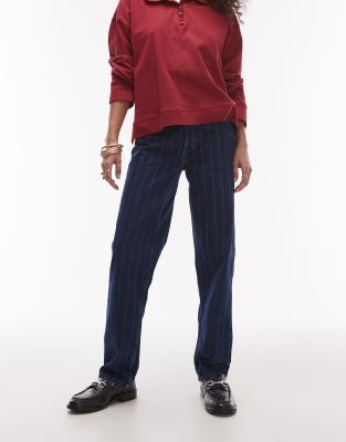 Topshop – Runway – Blå, kritstrecksrandiga, raka jeans med medelhög midja - view 1