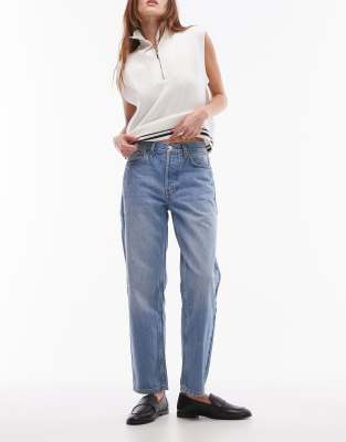 Topshop - Runway - Cropped Jeans mit geradem Schnitt in Bleich-Waschung mit mittelhohem Bund-Blau