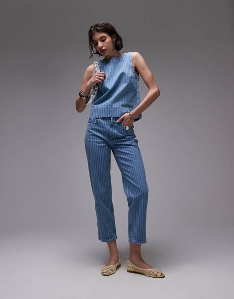 Topshop - Runway - Jean droit raccourci taille mi-haute à rayures - Bleu délavé - view 1