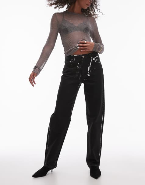 Topshop - Runway - Jeans dritti a vita medio alta nero spalmato - view 1