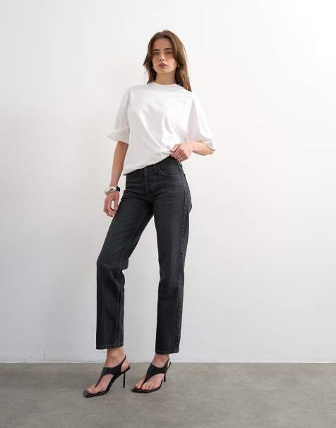 Topshop Runway mid rise straight jeans in washed black
