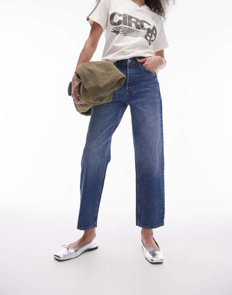 Topshop Runway mid rise straight cropped jean in mid blue - view 1