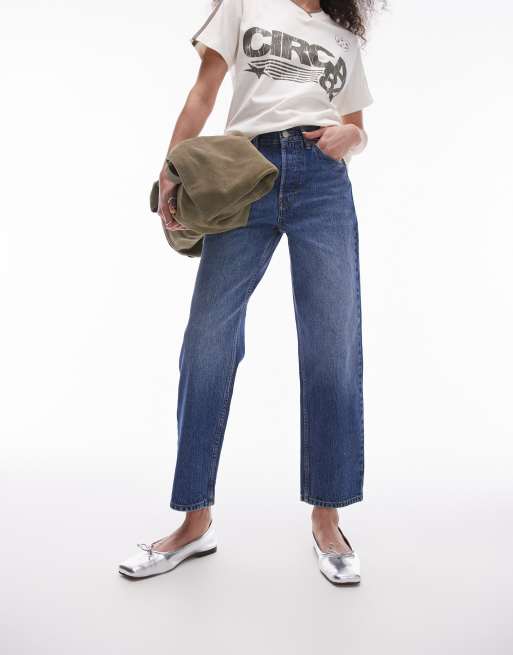 Topshop Runway mid rise straight cropped jean in mid blue