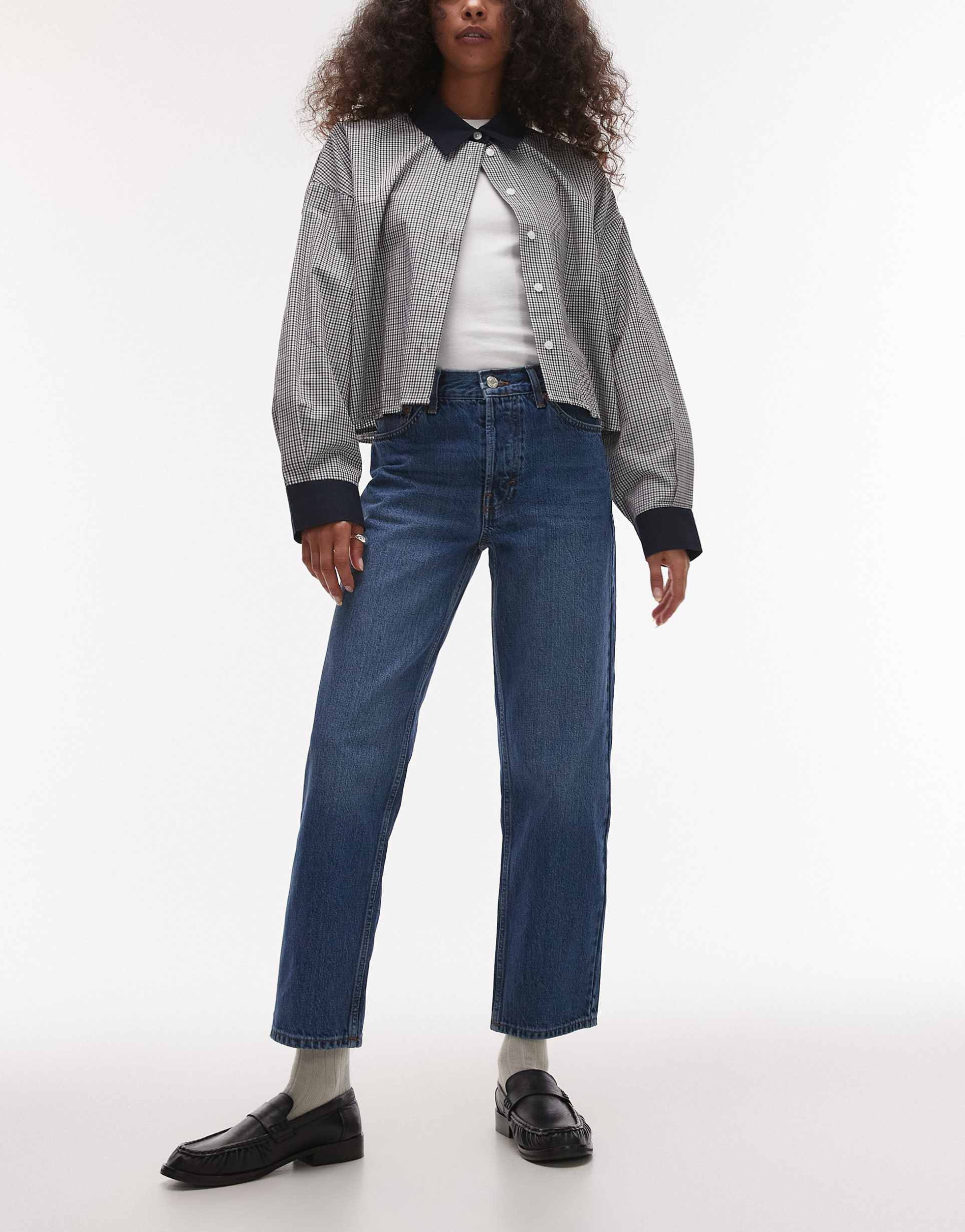 topshop runway mid rise straight cropped jean in mid blue